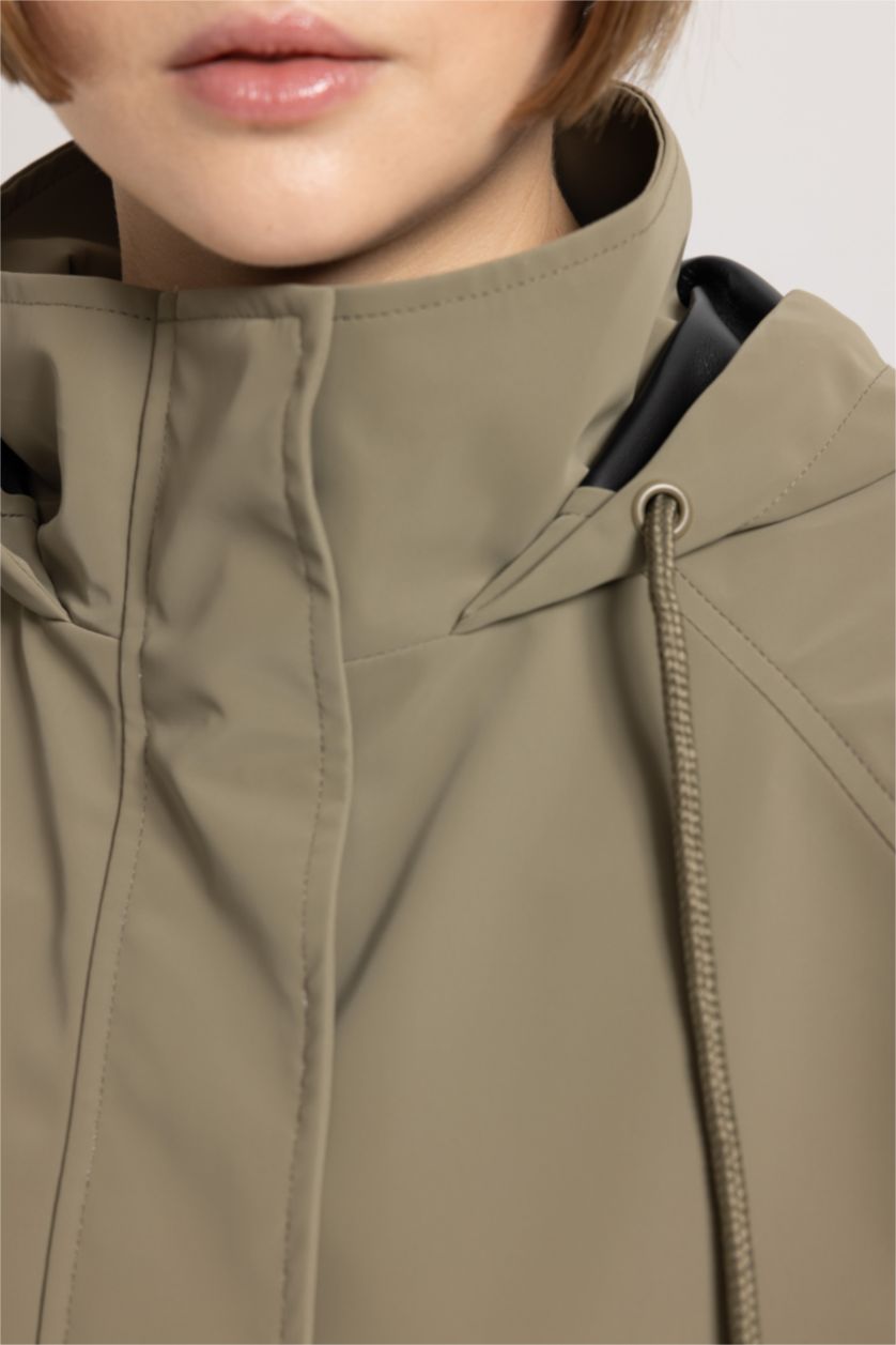 Kadın Haki Su İtici Regular Kalıp Kapüşonlu Uzun Yağmurluk