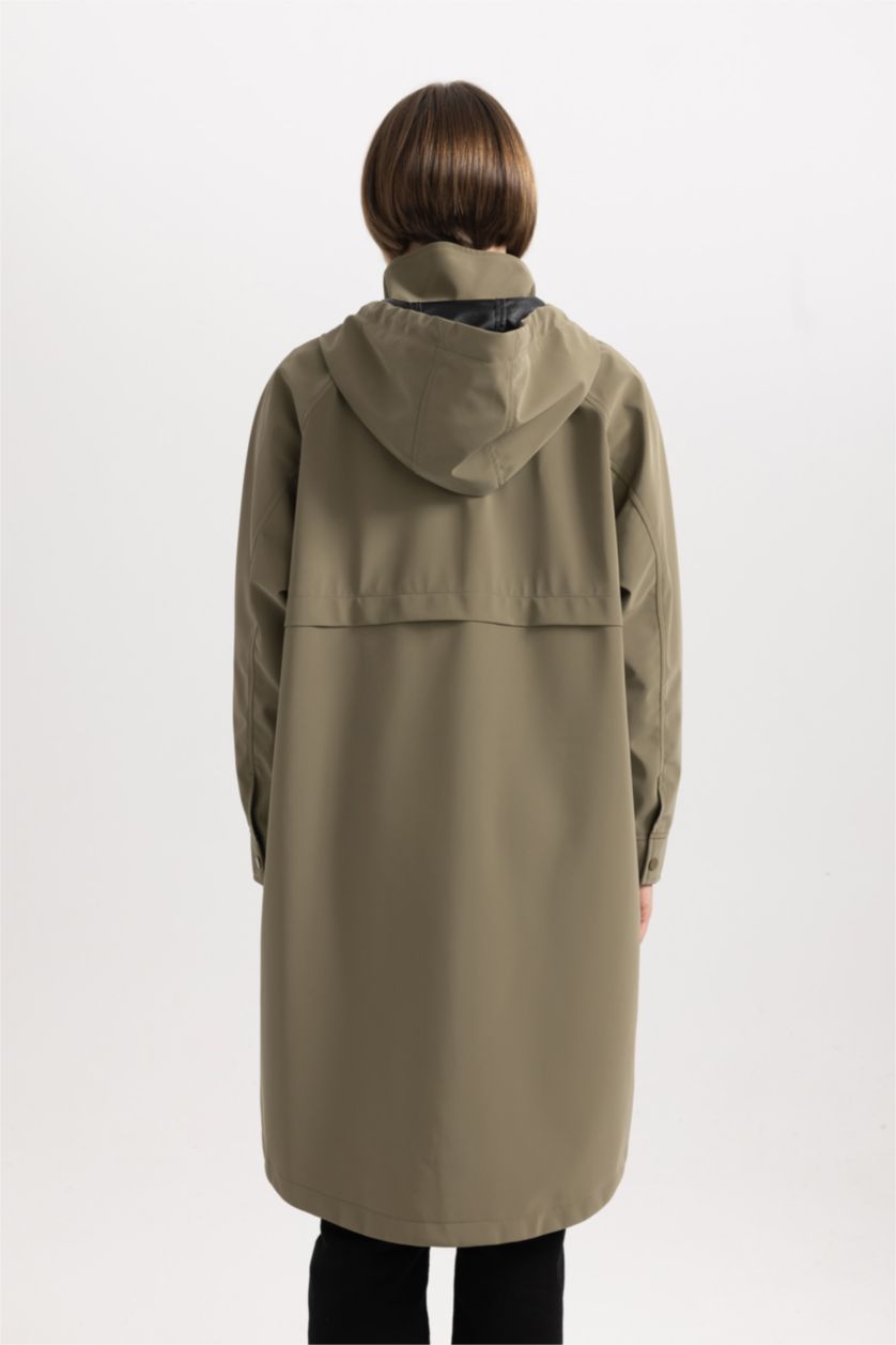 Kadın Haki Su İtici Regular Kalıp Kapüşonlu Uzun Yağmurluk
