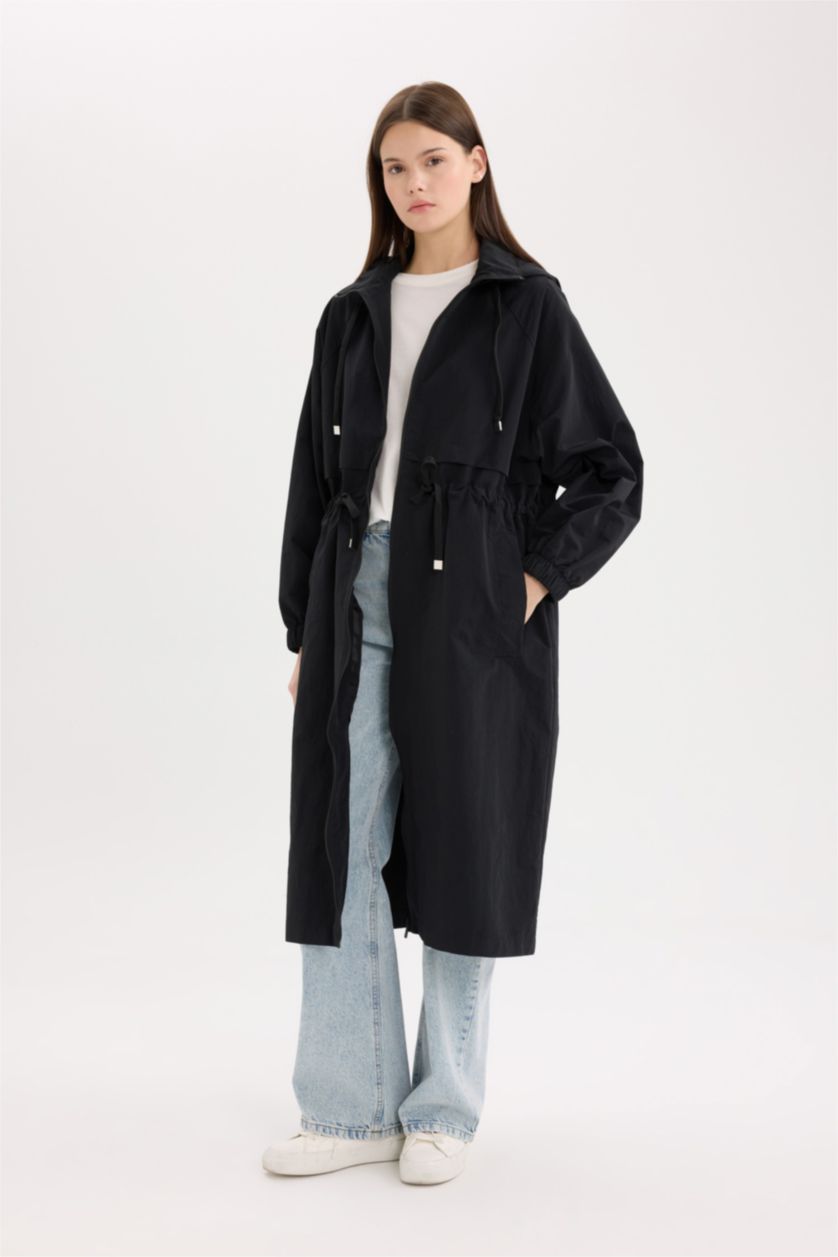 نساء أسود معطف مطر طويل قصة عادية بغطاء للرأس بجيب