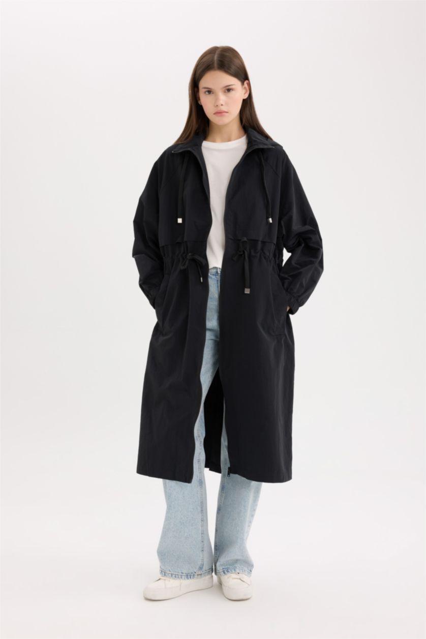 نساء أسود معطف مطر طويل قصة عادية بغطاء للرأس بجيب