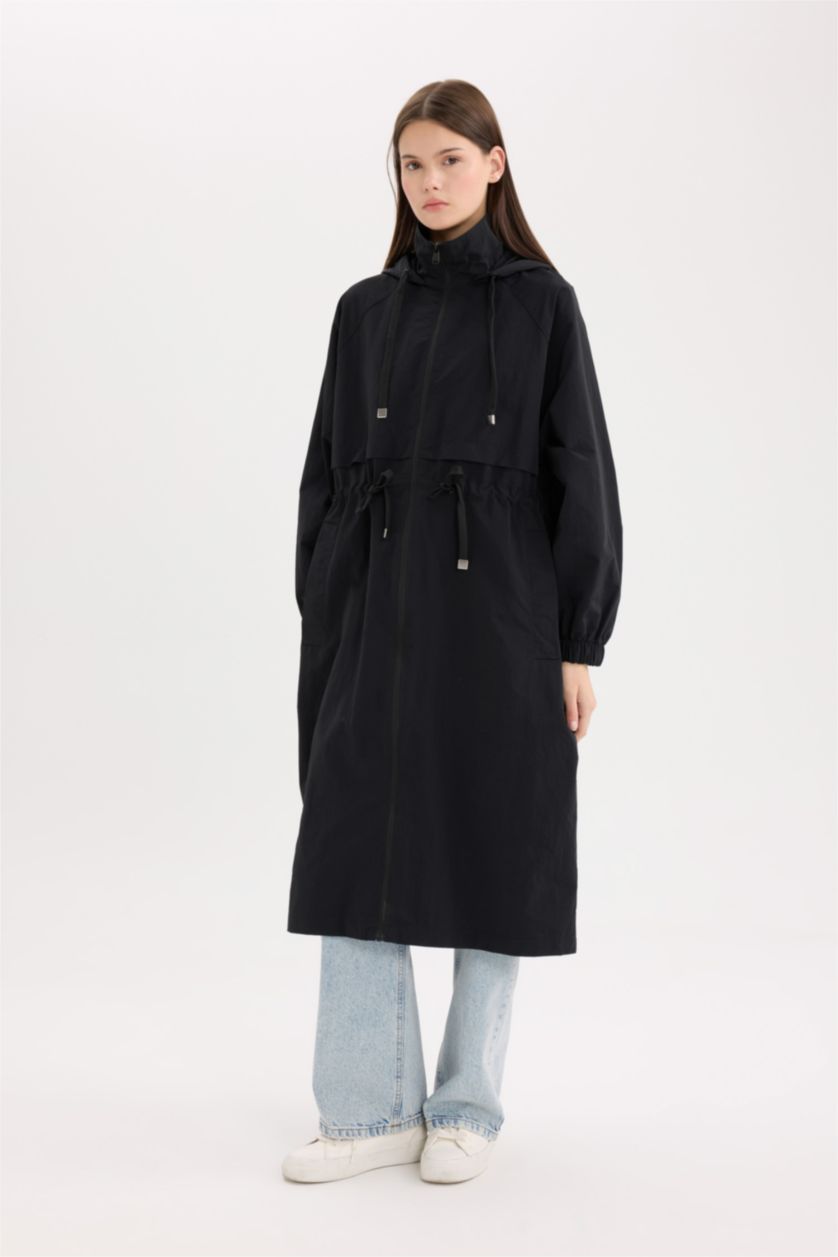 نساء أسود معطف مطر طويل قصة عادية بغطاء للرأس بجيب