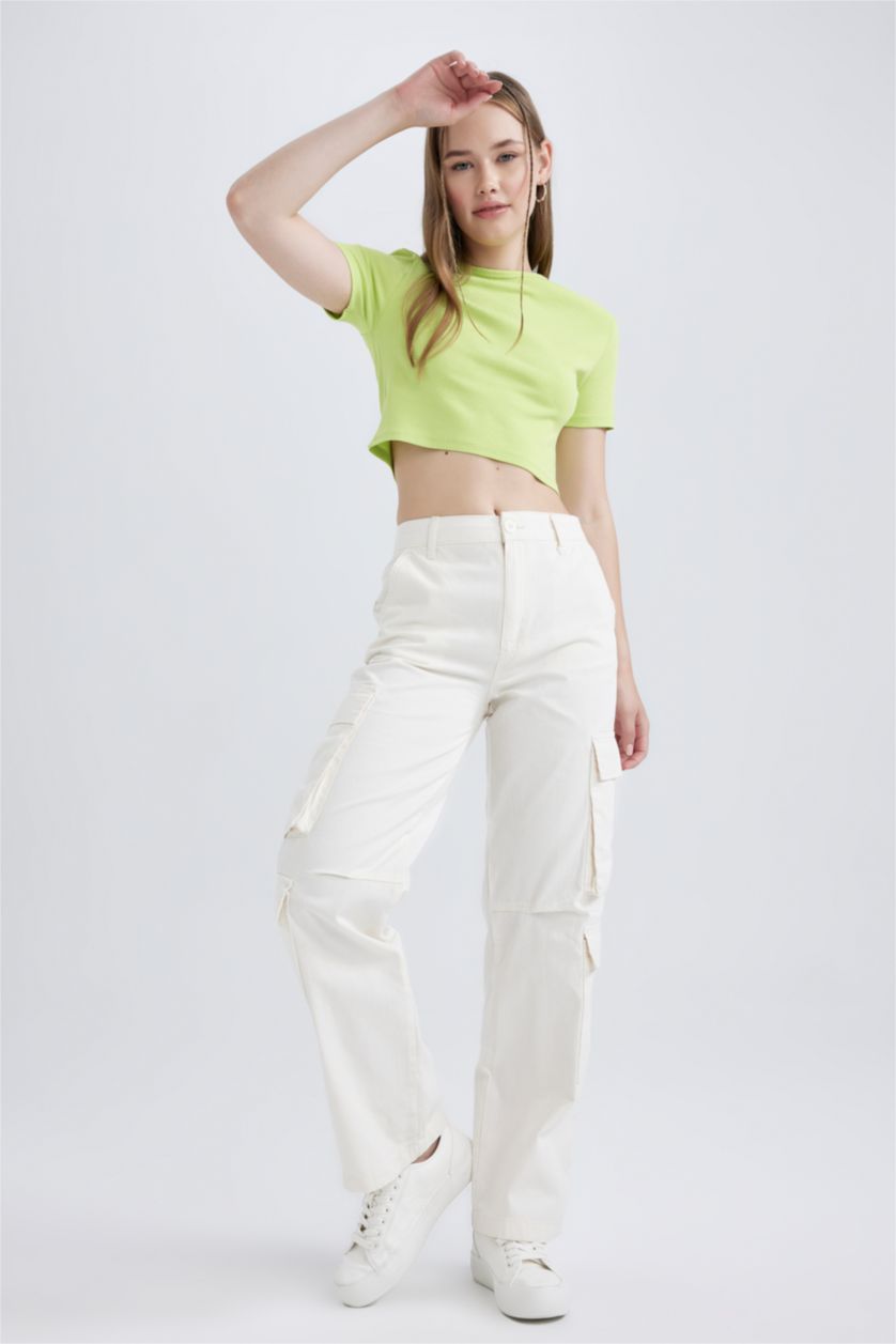WOMAN Ecru Coool Straight Fit Cargo Gabardine Trousers