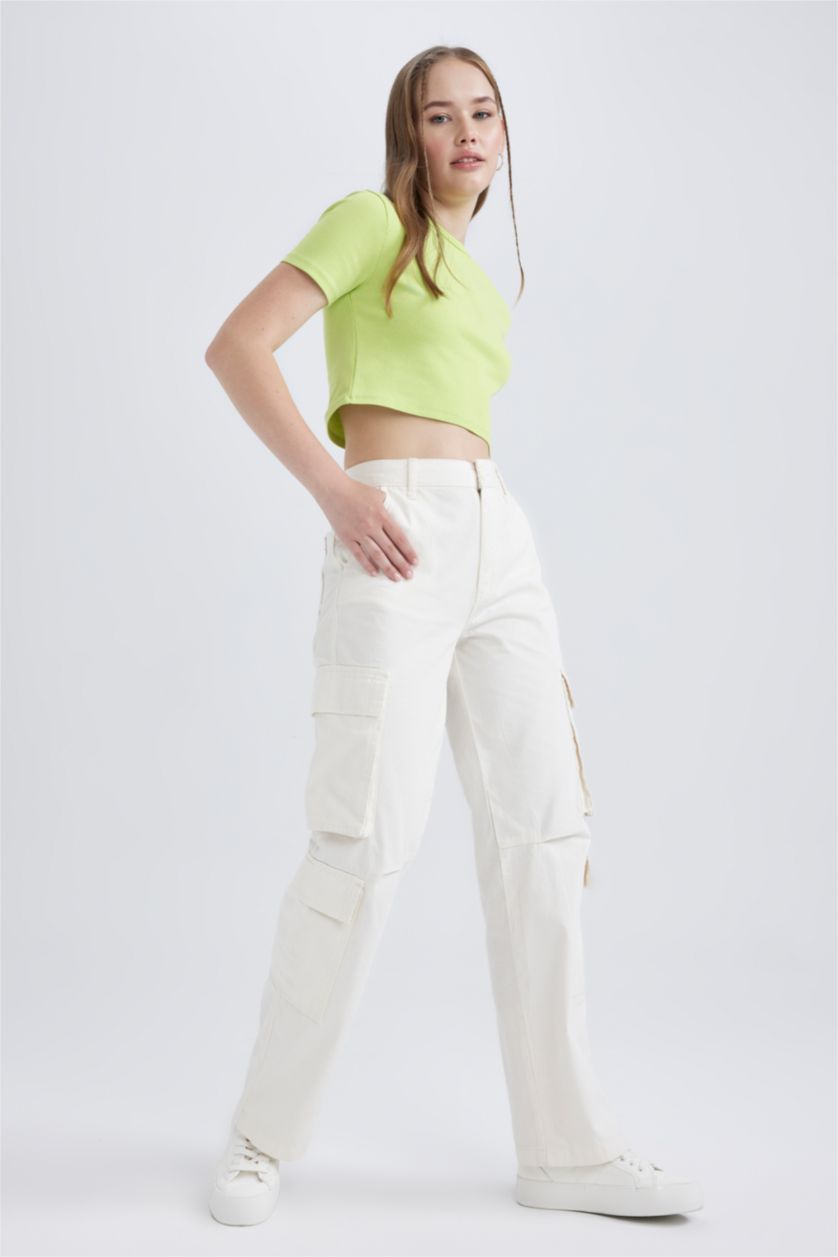 WOMAN Ecru Coool Straight Fit Cargo Gabardine Trousers
