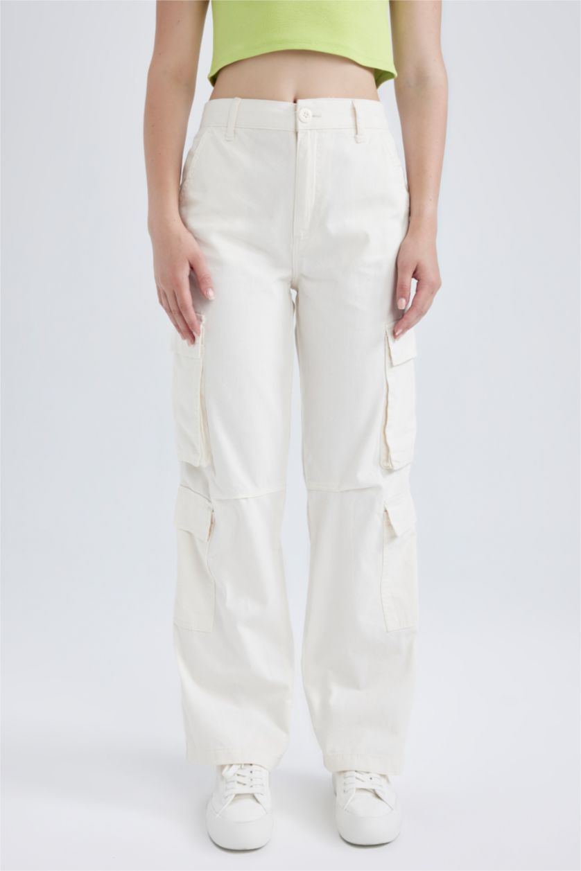 WOMAN Ecru Coool Straight Fit Cargo Gabardine Trousers