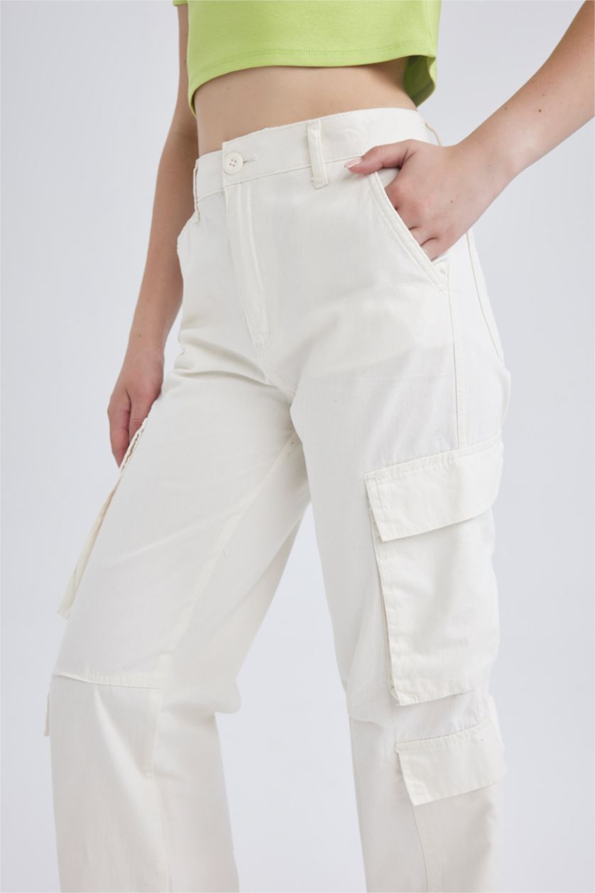 WOMAN Ecru Coool Straight Fit Cargo Gabardine Trousers