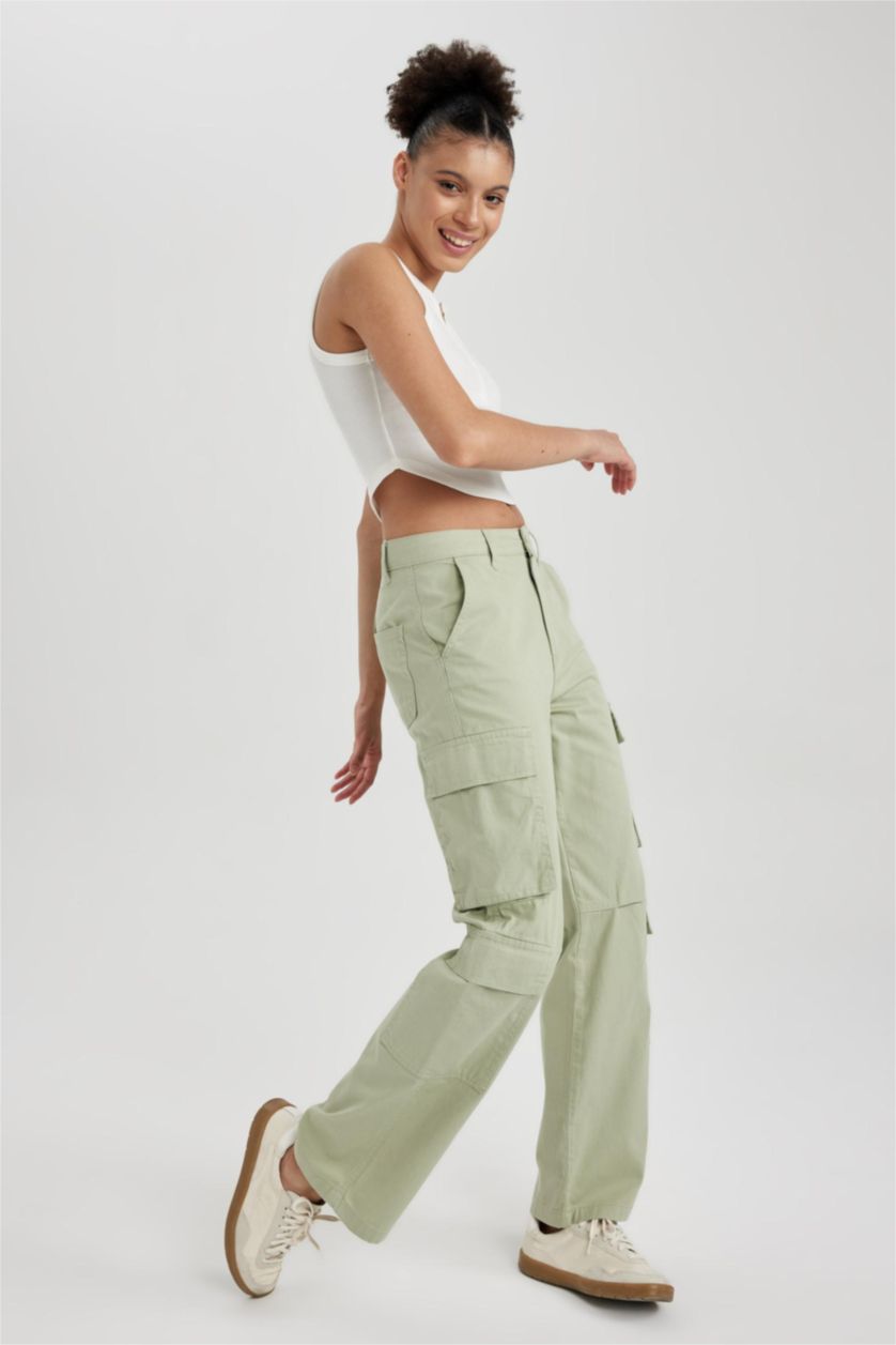 WOMAN Mint Straight Fit Cargo Gabardine Cotton Trousers