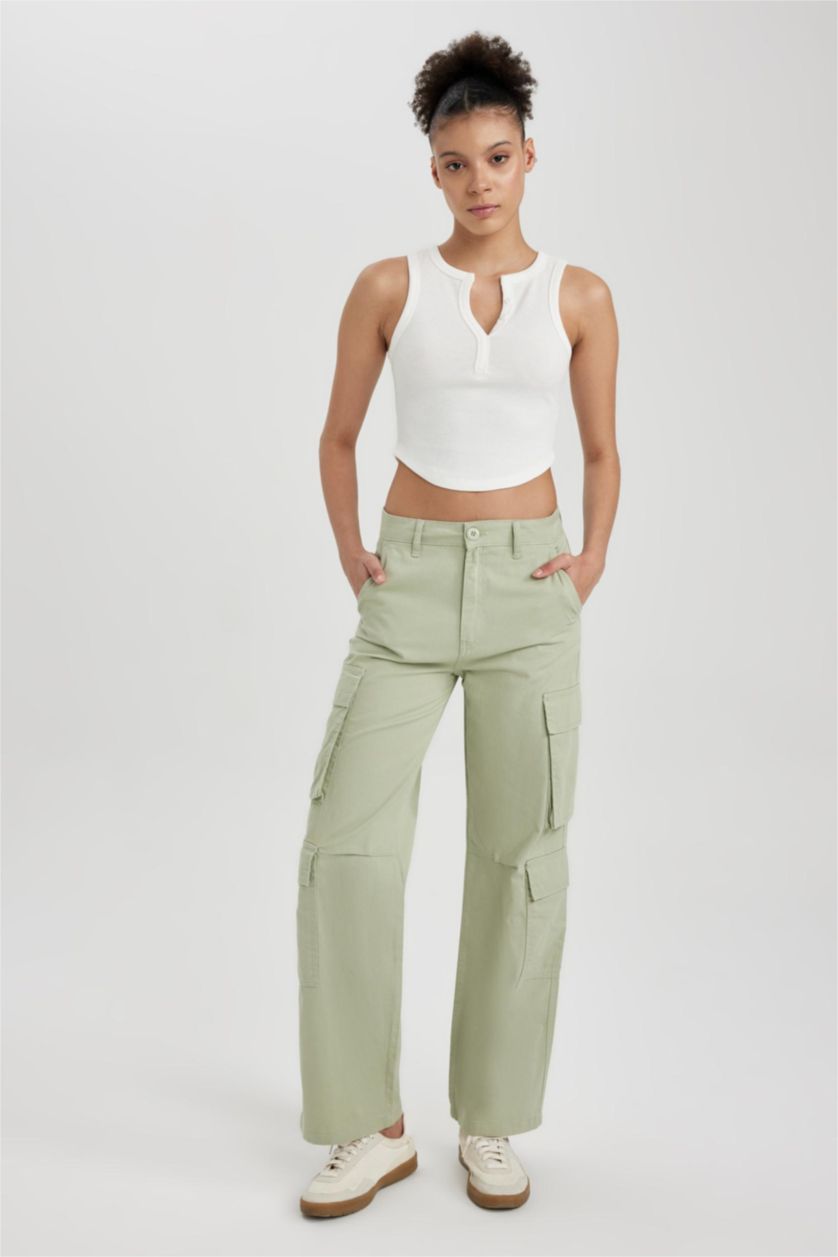 WOMAN Mint Straight Fit Cargo Gabardine Cotton Trousers