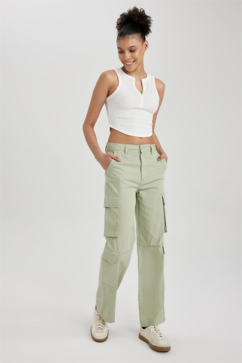 WOMAN Mint Straight Fit Cargo Gabardine Cotton Trousers