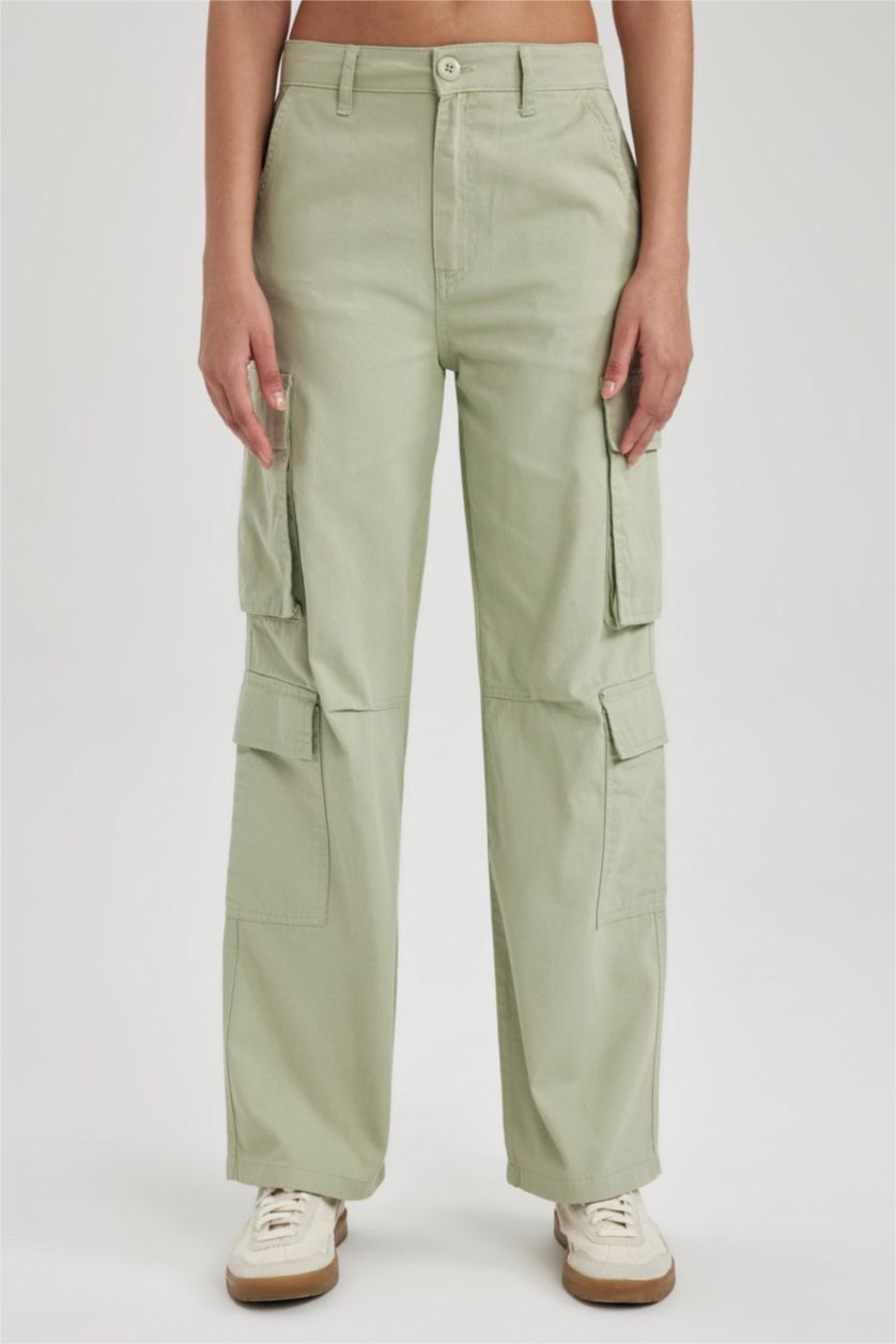 WOMAN Mint Straight Fit Cargo Gabardine Cotton Trousers