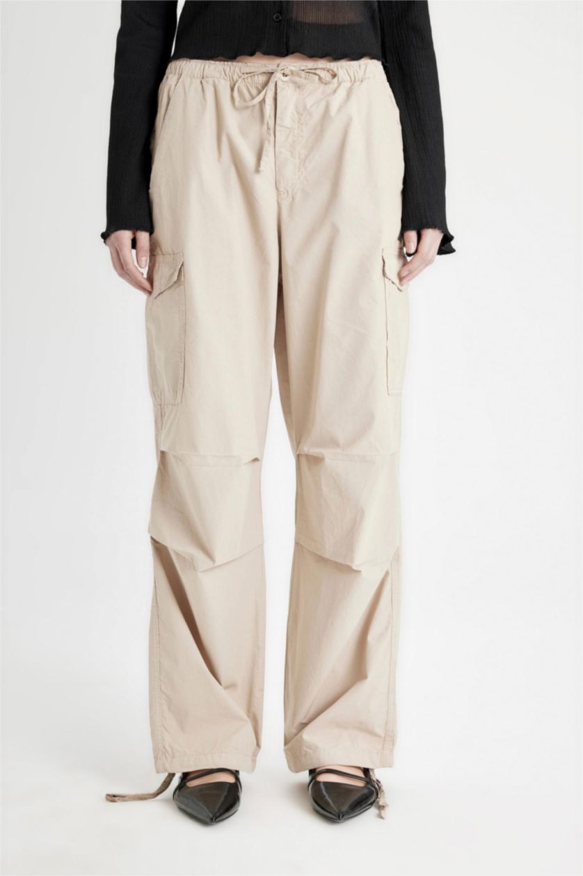 Kadın Kum Paraşüt Poplin Pantolon Basic Düz Cepli Beli Lastikli