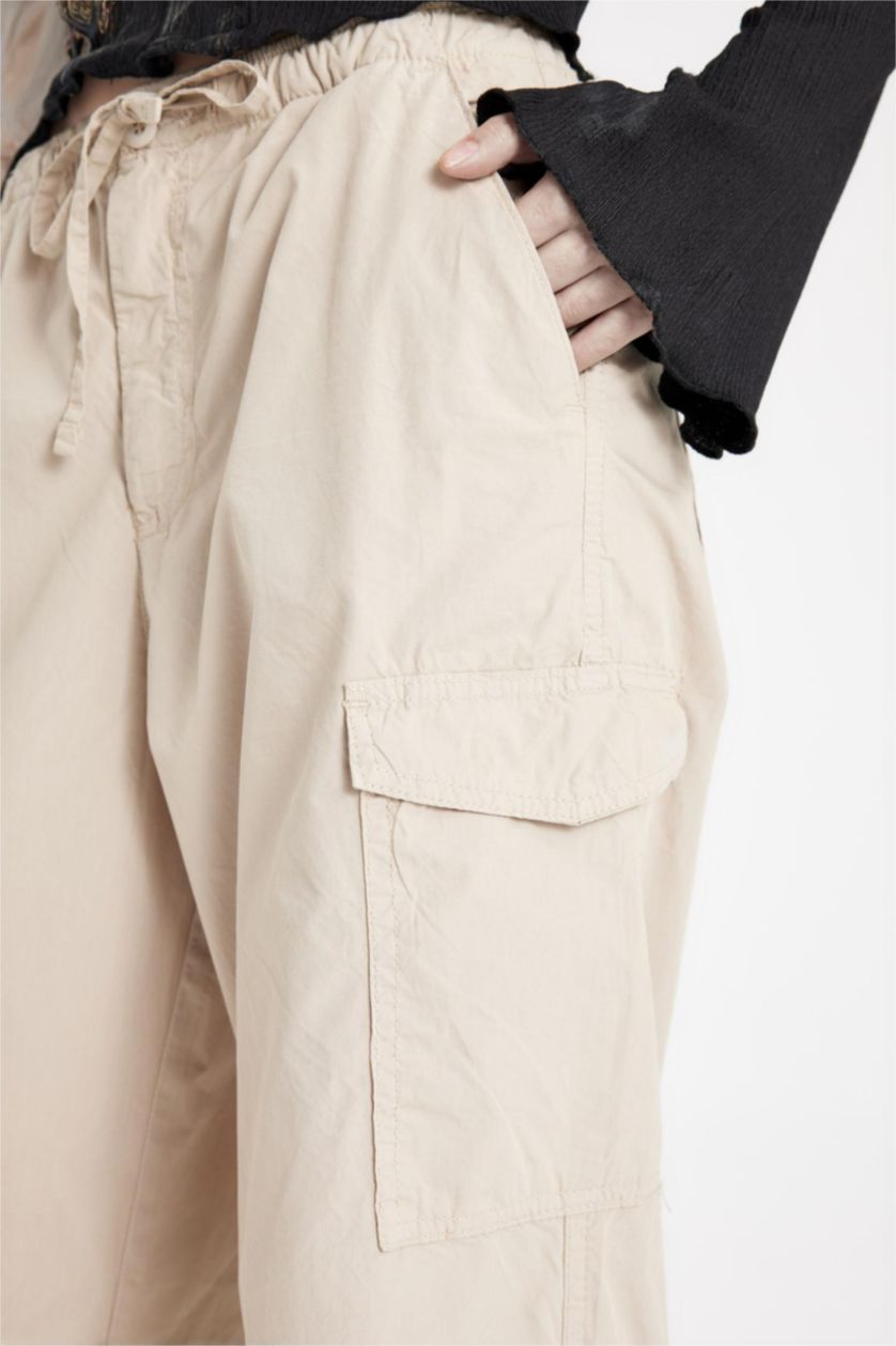 Kadın Kum Paraşüt Poplin Pantolon Basic Düz Cepli Beli Lastikli