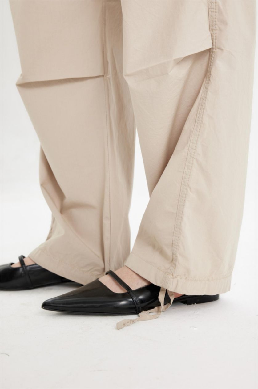 Kadın Kum Paraşüt Poplin Pantolon Basic Düz Cepli Beli Lastikli