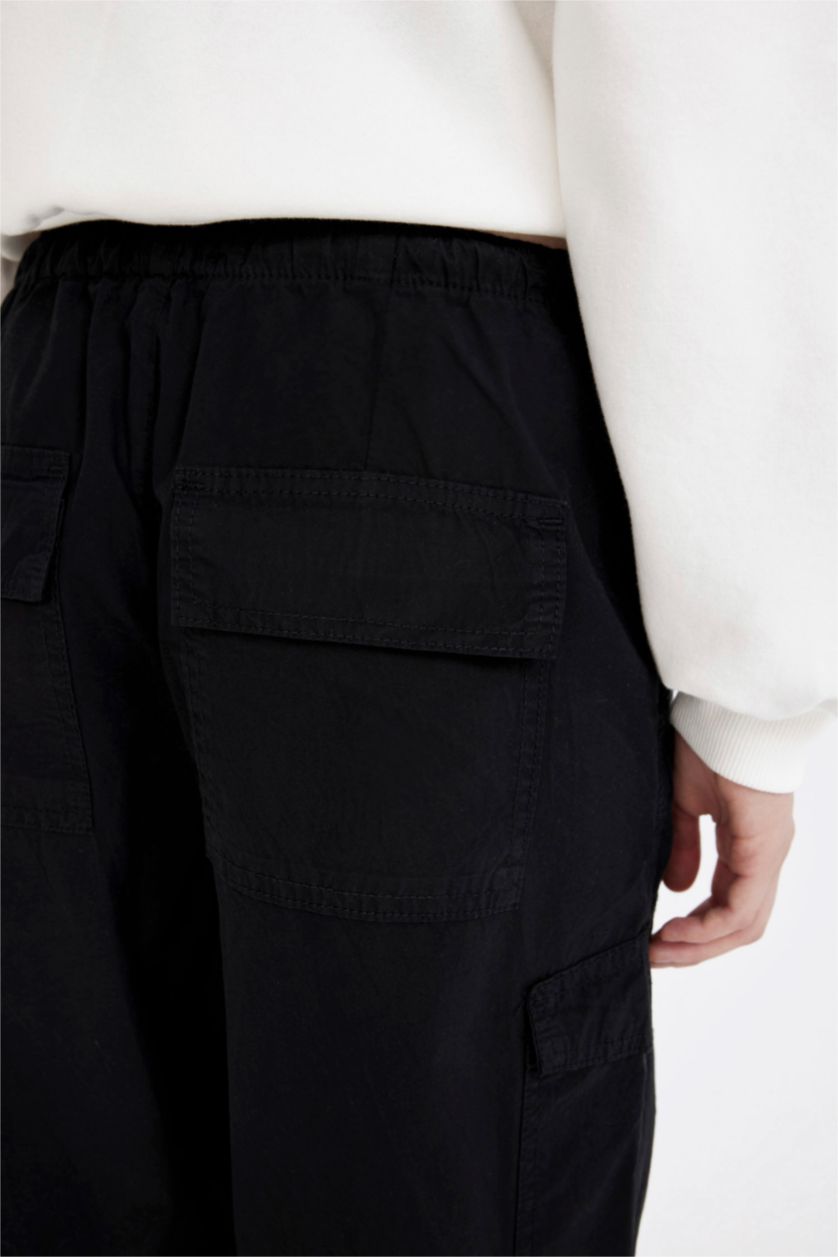 Kadın Siyah Paraşüt Poplin Pantolon Basic Düz Cepli Beli Lastikli
