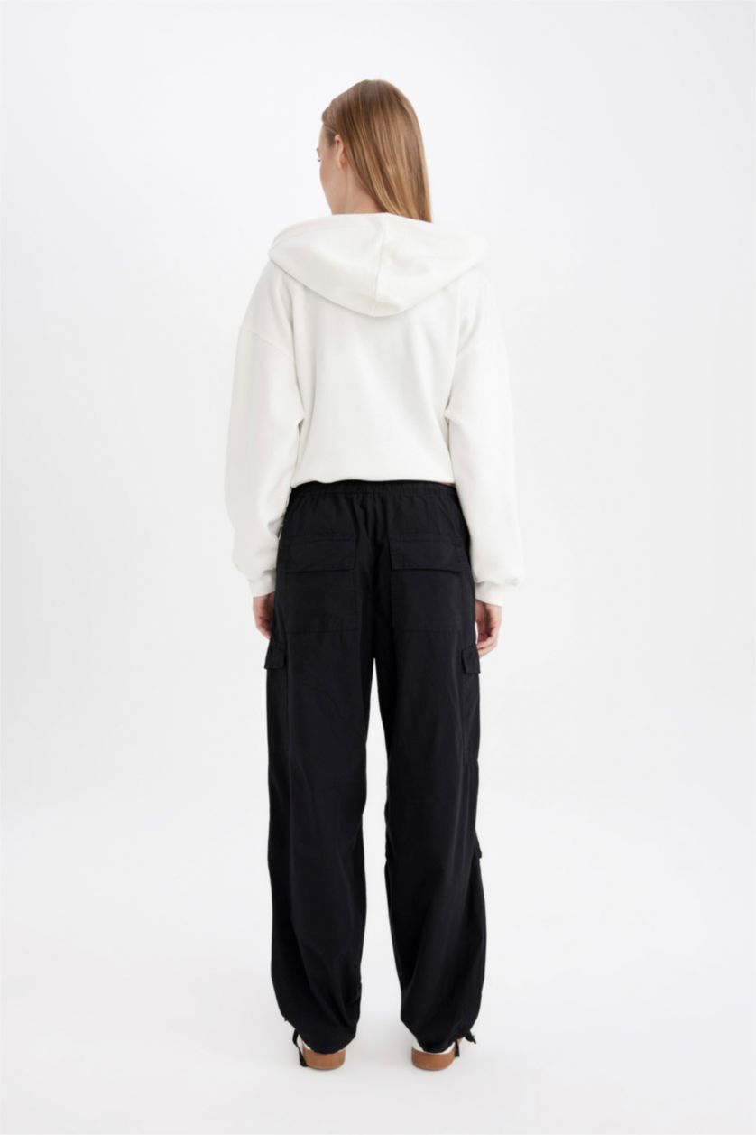 Kadın Siyah Paraşüt Poplin Pantolon Basic Düz Cepli Beli Lastikli