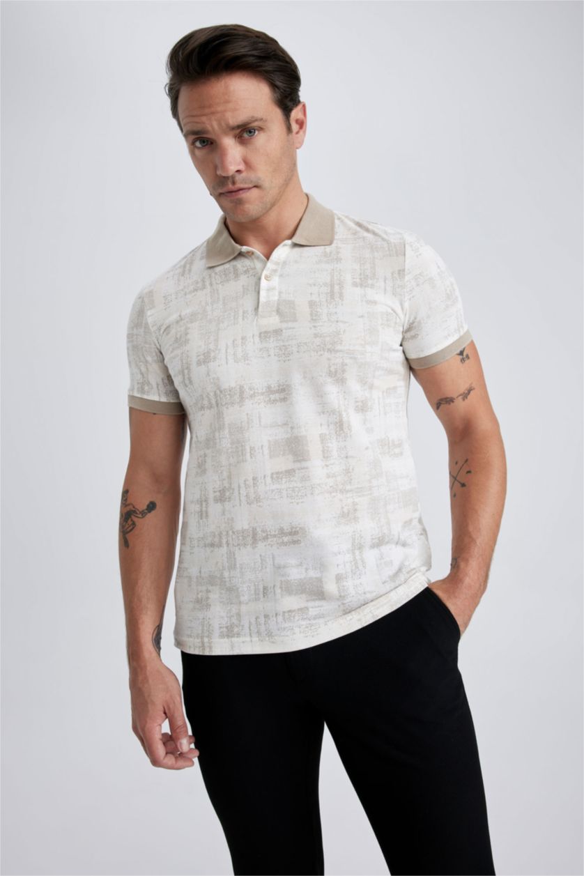 MAN White Slim Fit Polo Neck Patterned Short Sleeve T-Shirt