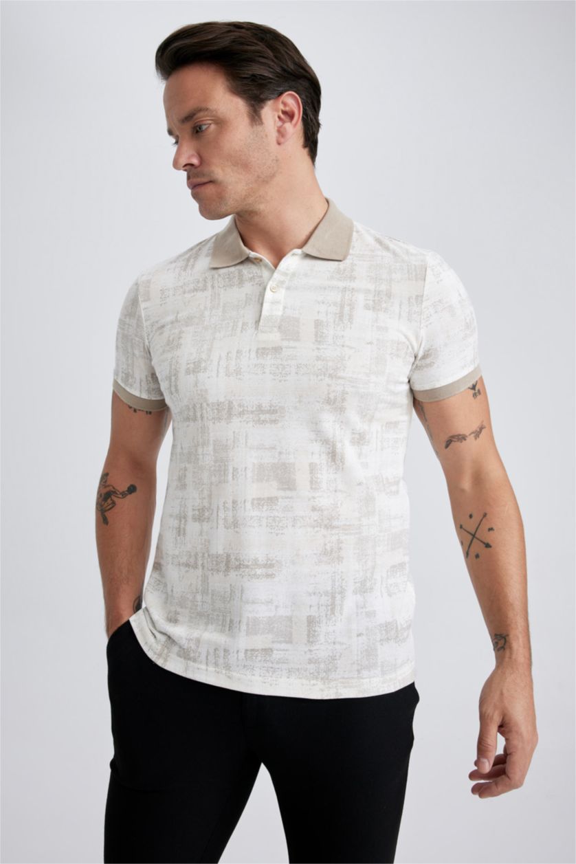 MAN White Slim Fit Polo Neck Patterned Short Sleeve T-Shirt