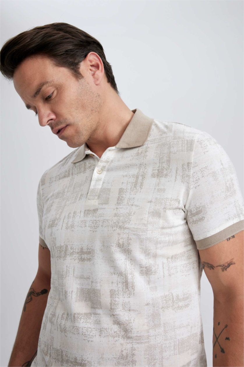 MAN White Slim Fit Polo Neck Patterned Short Sleeve T-Shirt
