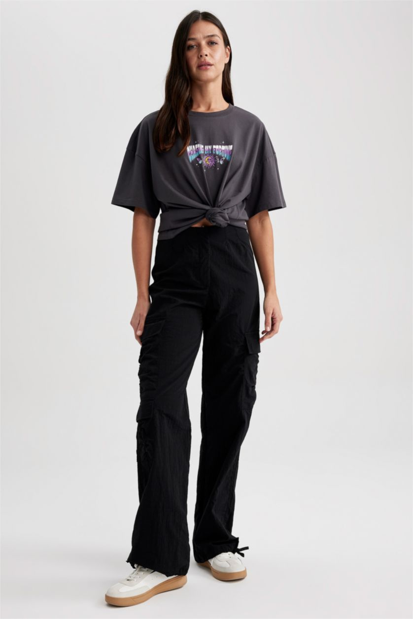 نساء أنثرا تيشيرت اوفر سايز قطن مطبوع بياقة مستديرة