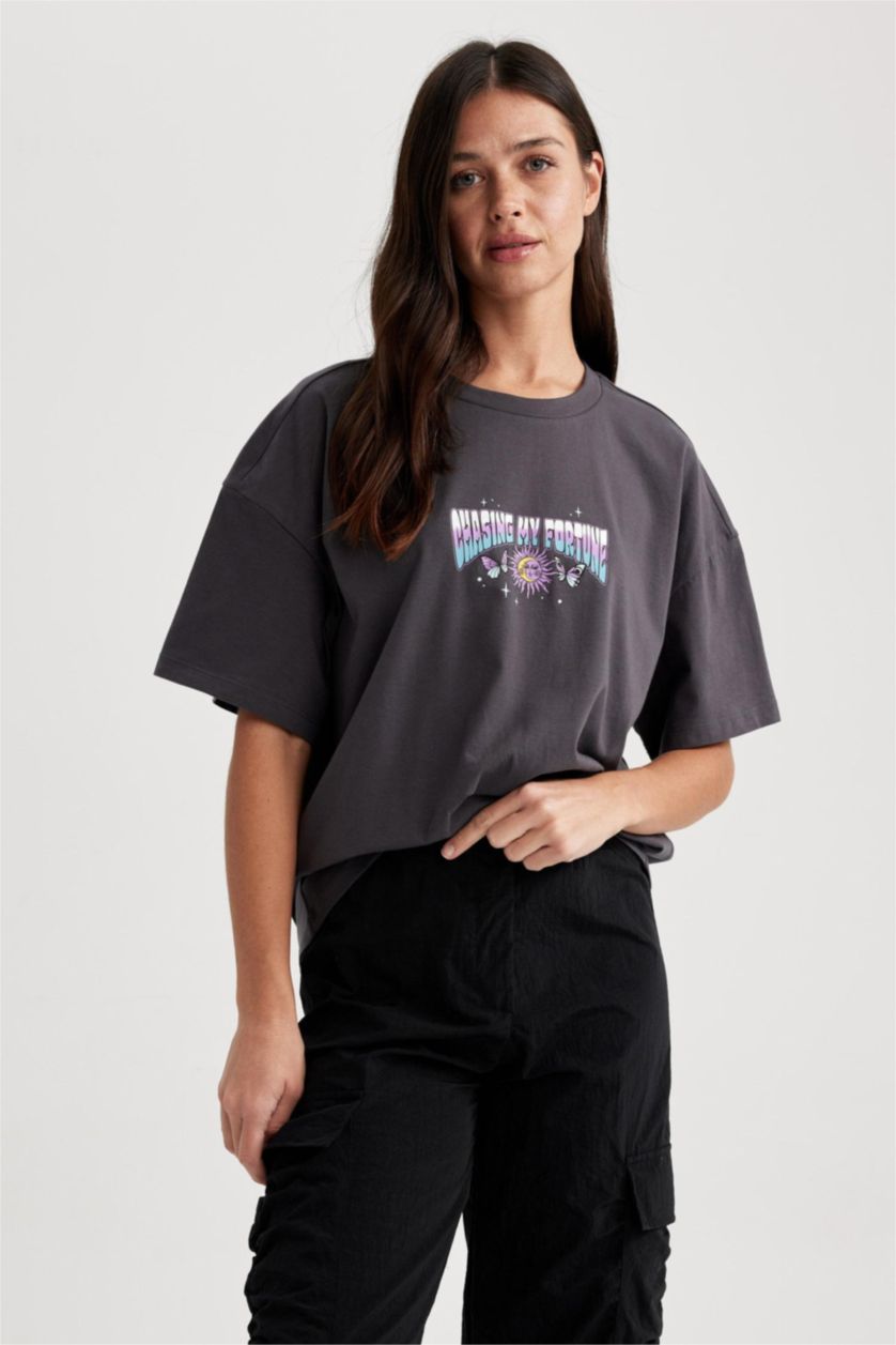 نساء أنثرا تيشيرت اوفر سايز قطن مطبوع بياقة مستديرة