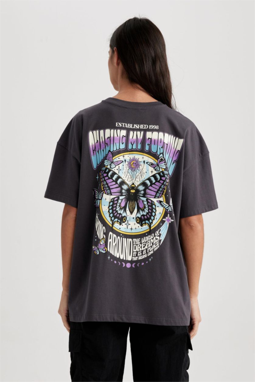 نساء أنثرا تيشيرت اوفر سايز قطن مطبوع بياقة مستديرة