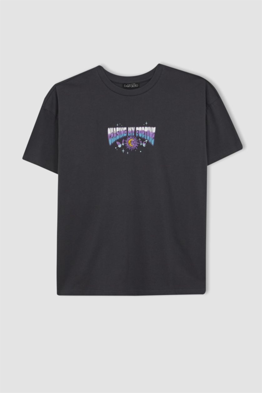 نساء أنثرا تيشيرت اوفر سايز قطن مطبوع بياقة مستديرة