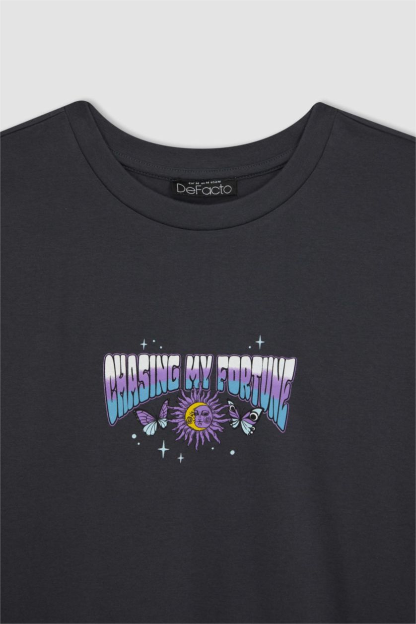 نساء أنثرا تيشيرت اوفر سايز قطن مطبوع بياقة مستديرة