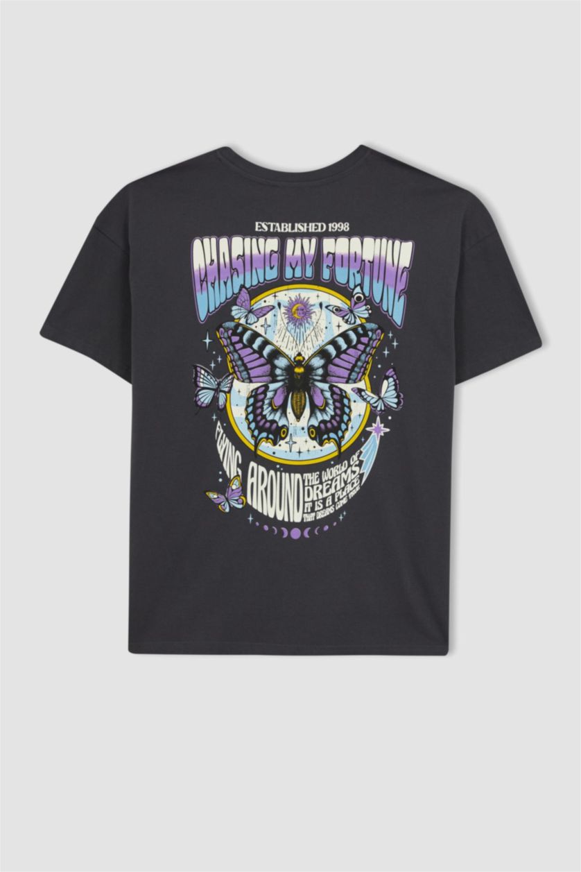 نساء أنثرا تيشيرت اوفر سايز قطن مطبوع بياقة مستديرة