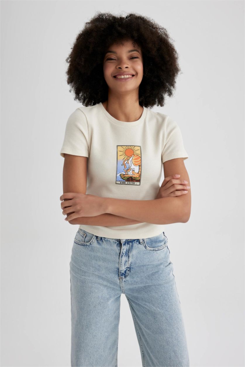 حريمي اللون الحجري تي شيرت نص كم سليم فيت برقبة مستديرة