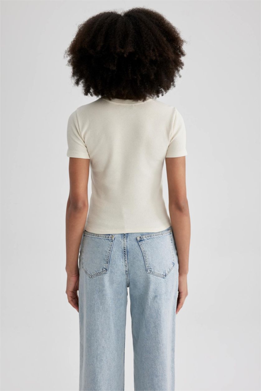 حريمي اللون الحجري تي شيرت نص كم سليم فيت برقبة مستديرة