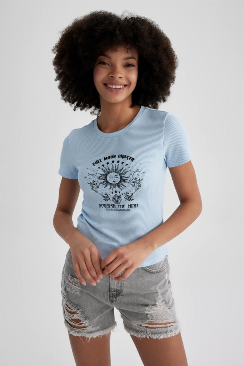 WOMAN Light Blue Slim Fit Crew Neck Printed Short Sleeve T-Shirt
