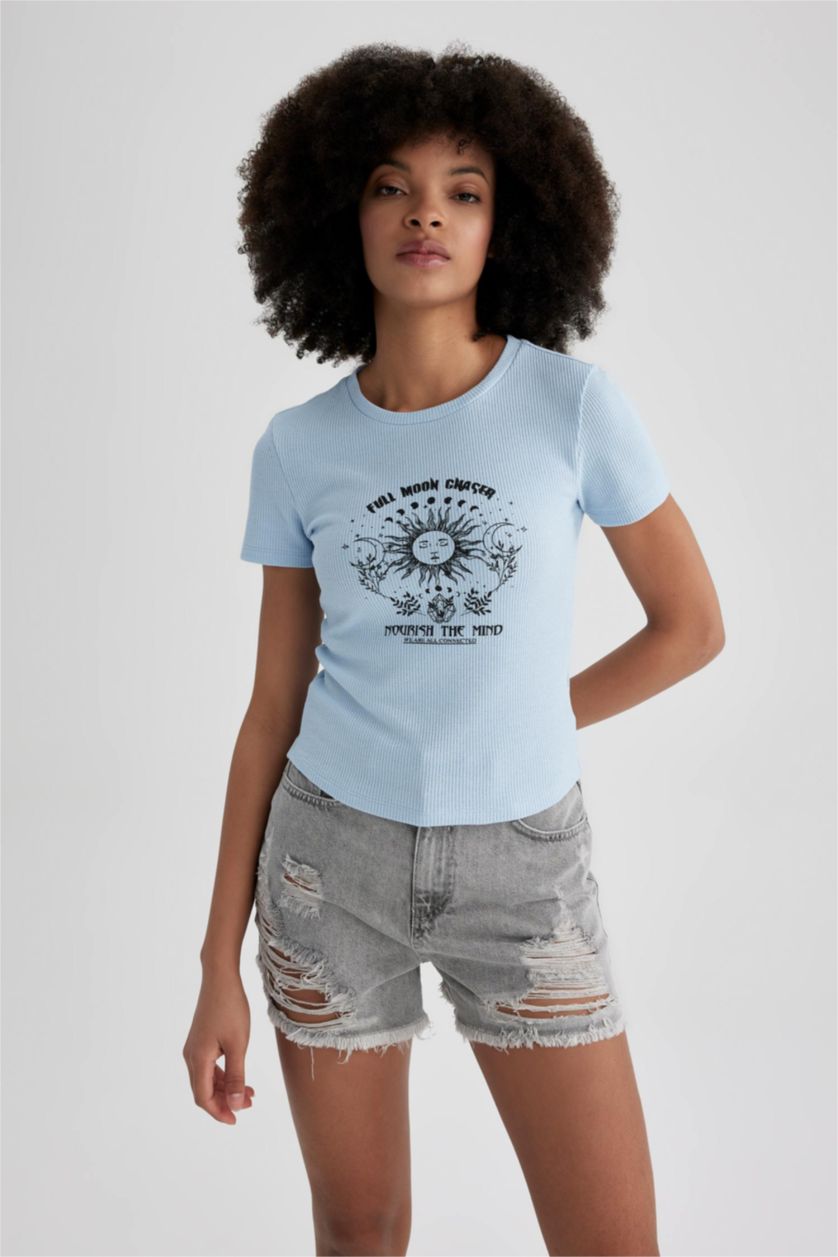 WOMAN Light Blue Slim Fit Crew Neck Printed Short Sleeve T-Shirt