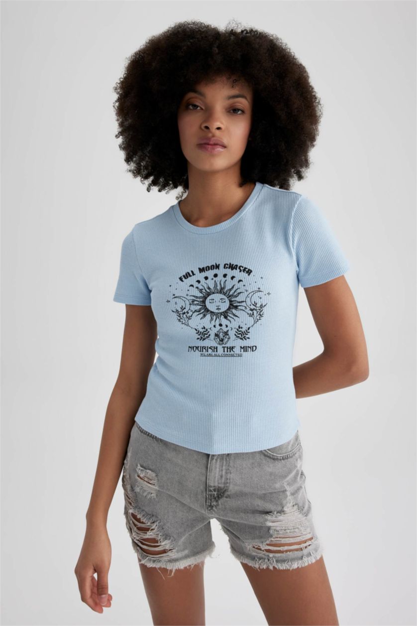 WOMAN Light Blue Slim Fit Crew Neck Printed Short Sleeve T-Shirt