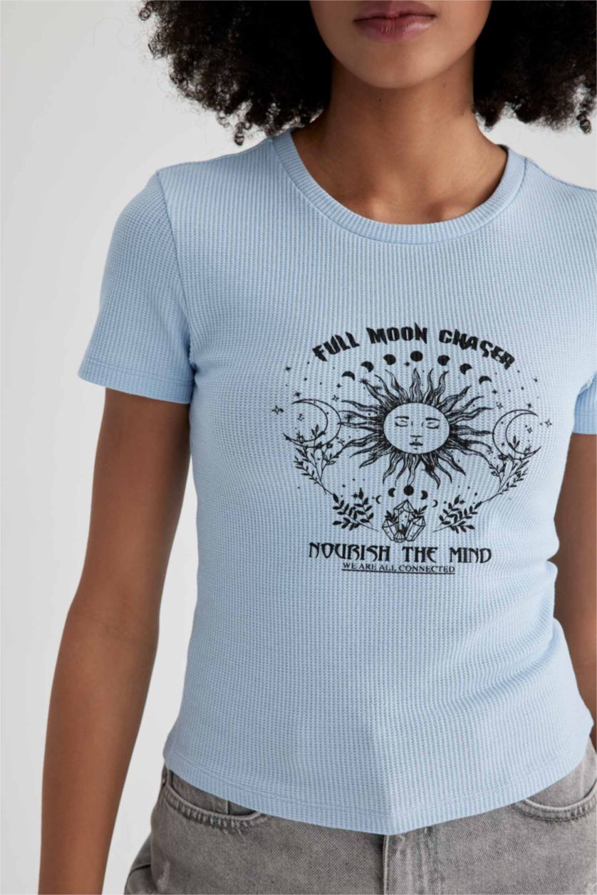 WOMAN Light Blue Slim Fit Crew Neck Printed Short Sleeve T-Shirt