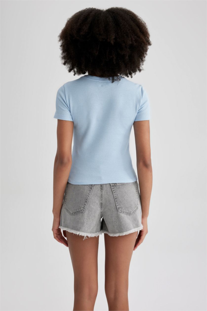 WOMAN Light Blue Slim Fit Crew Neck Printed Short Sleeve T-Shirt