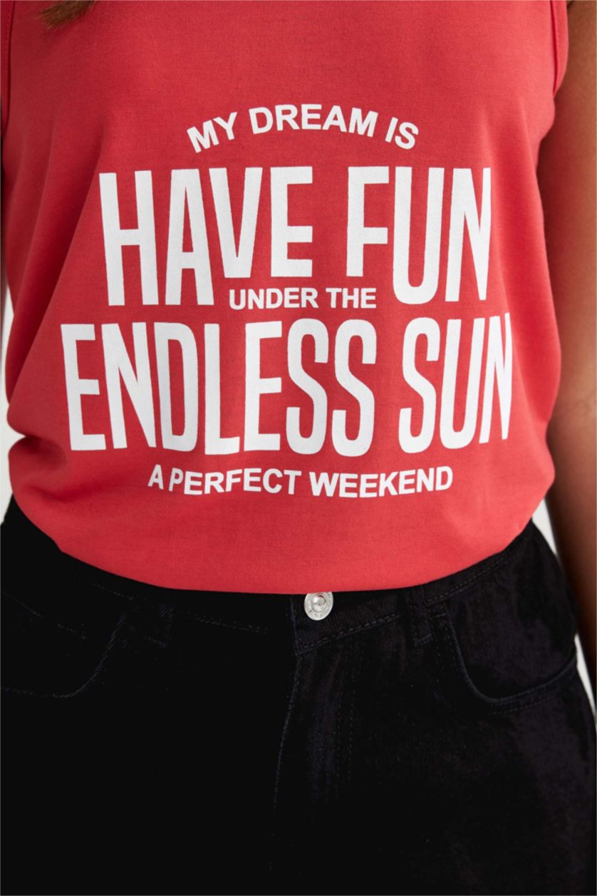 نساء أحمر فانيلة مطبوع بقصة عادية بياقة مستديرة