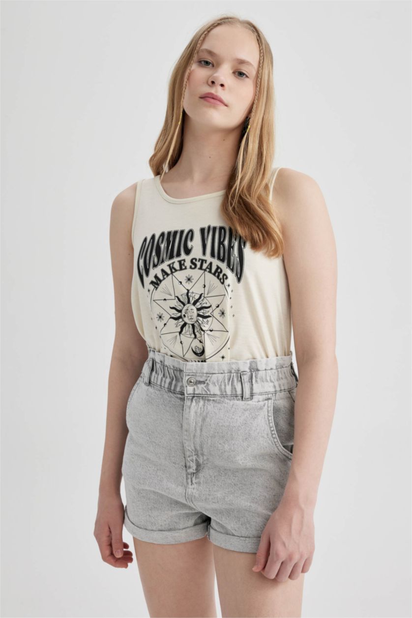 نساء اللون الرملي فانيلة بقصة عادية مطبوع