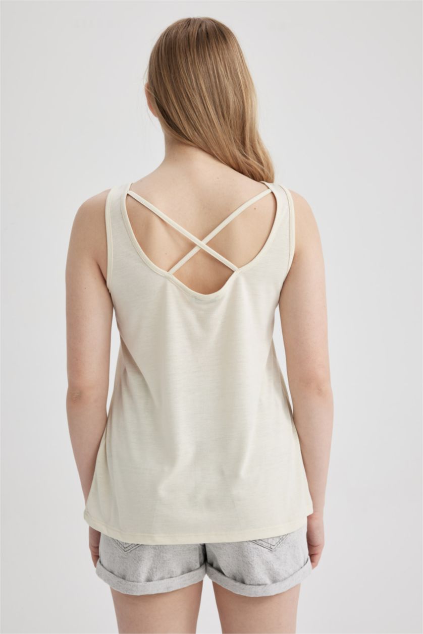 نساء اللون الرملي فانيلة بقصة عادية مطبوع