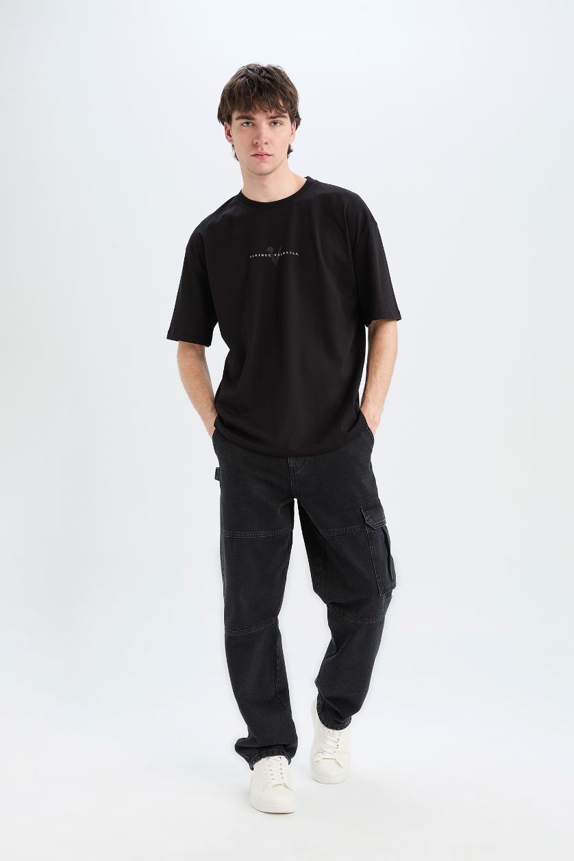 Erkek Siyah %100 Pamuk Vikings Valhalla Oversize Geniş Kalıp Bisiklet Yaka Sırt Baskılı Kısa Kollu Tişört