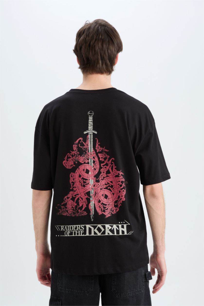 Erkek Siyah %100 Pamuk Vikings Valhalla Oversize Geniş Kalıp Bisiklet Yaka Sırt Baskılı Kısa Kollu Tişört