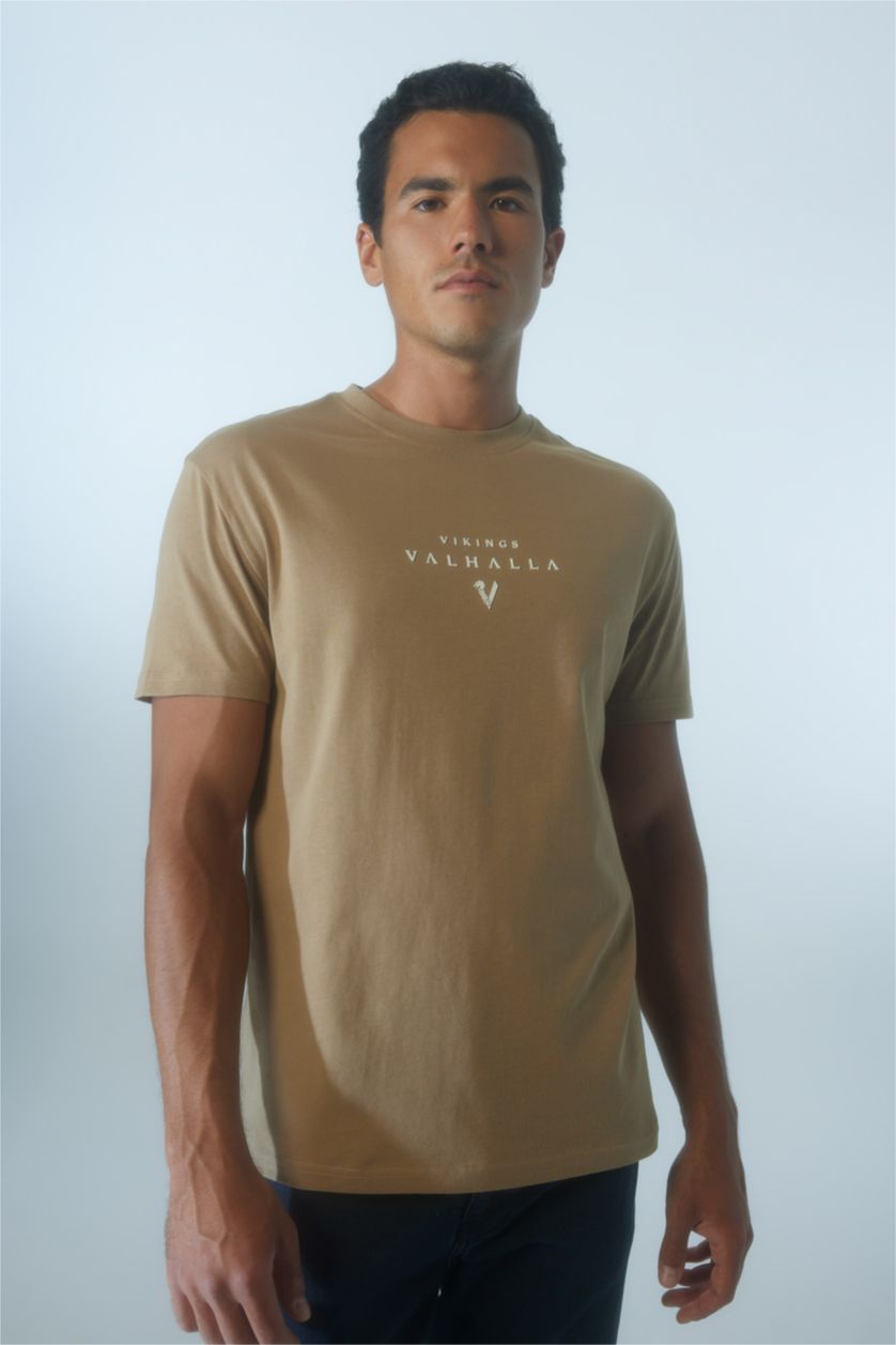 MAN Camel Vikings Valhalla Regular Fit Crew Neck Printed Cotton T-Shirt