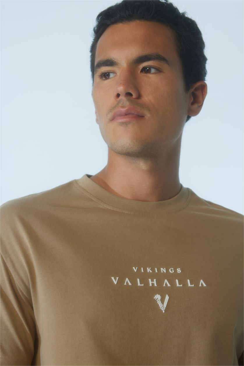 MAN Camel Vikings Valhalla Regular Fit Crew Neck Printed Cotton T-Shirt