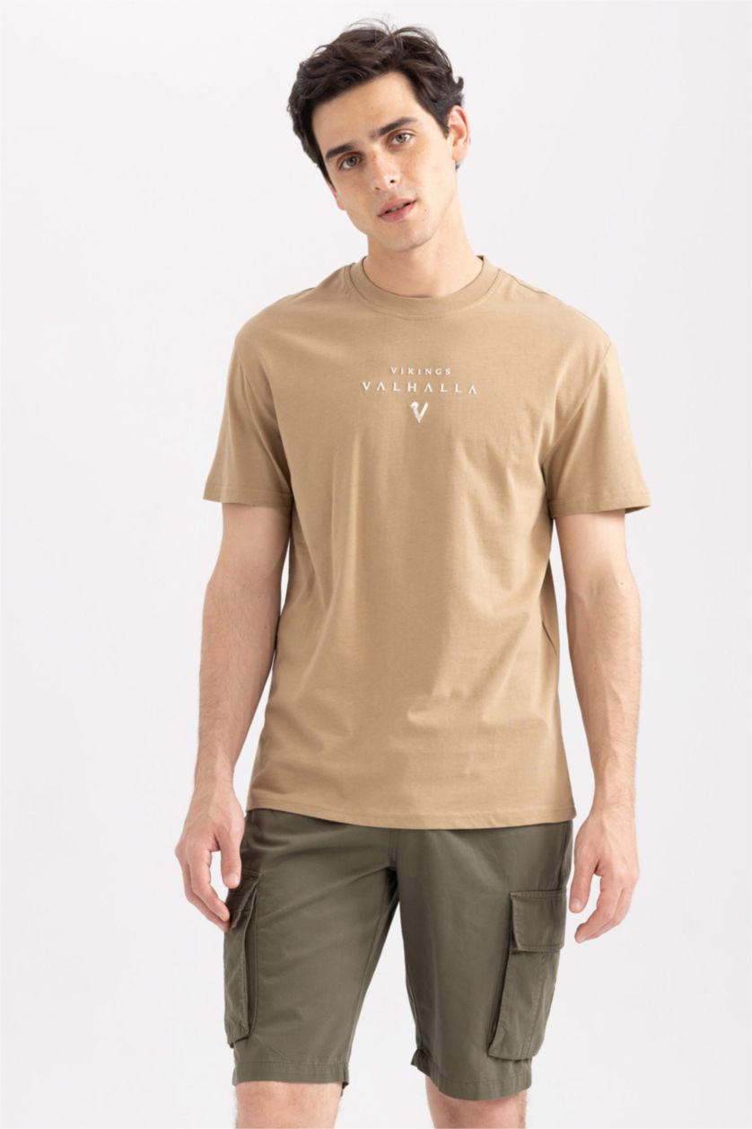 MAN Camel Vikings Valhalla Regular Fit Crew Neck Printed Cotton T-Shirt