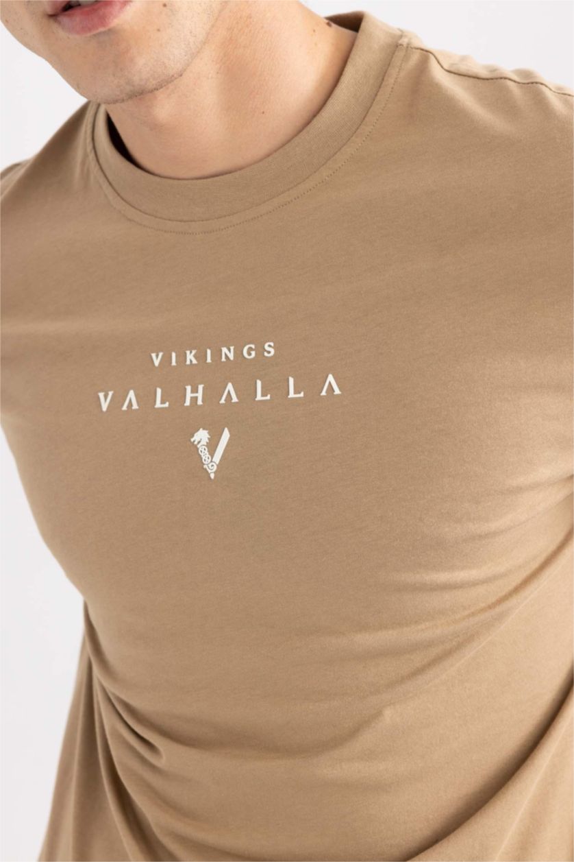 MAN Camel Vikings Valhalla Regular Fit Crew Neck Printed Cotton T-Shirt