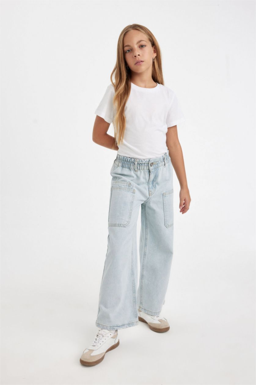 Kız Çocuk - Genç Kız Açık Mavi Kız Çocuk Okul Wide Leg Geniş Paça Beli Lastikli Cepli Jean Pantolon