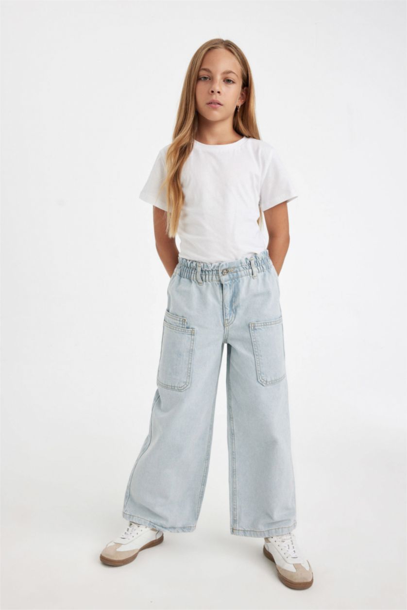 Kız Çocuk - Genç Kız Açık Mavi Kız Çocuk Okul Wide Leg Geniş Paça Beli Lastikli Cepli Jean Pantolon