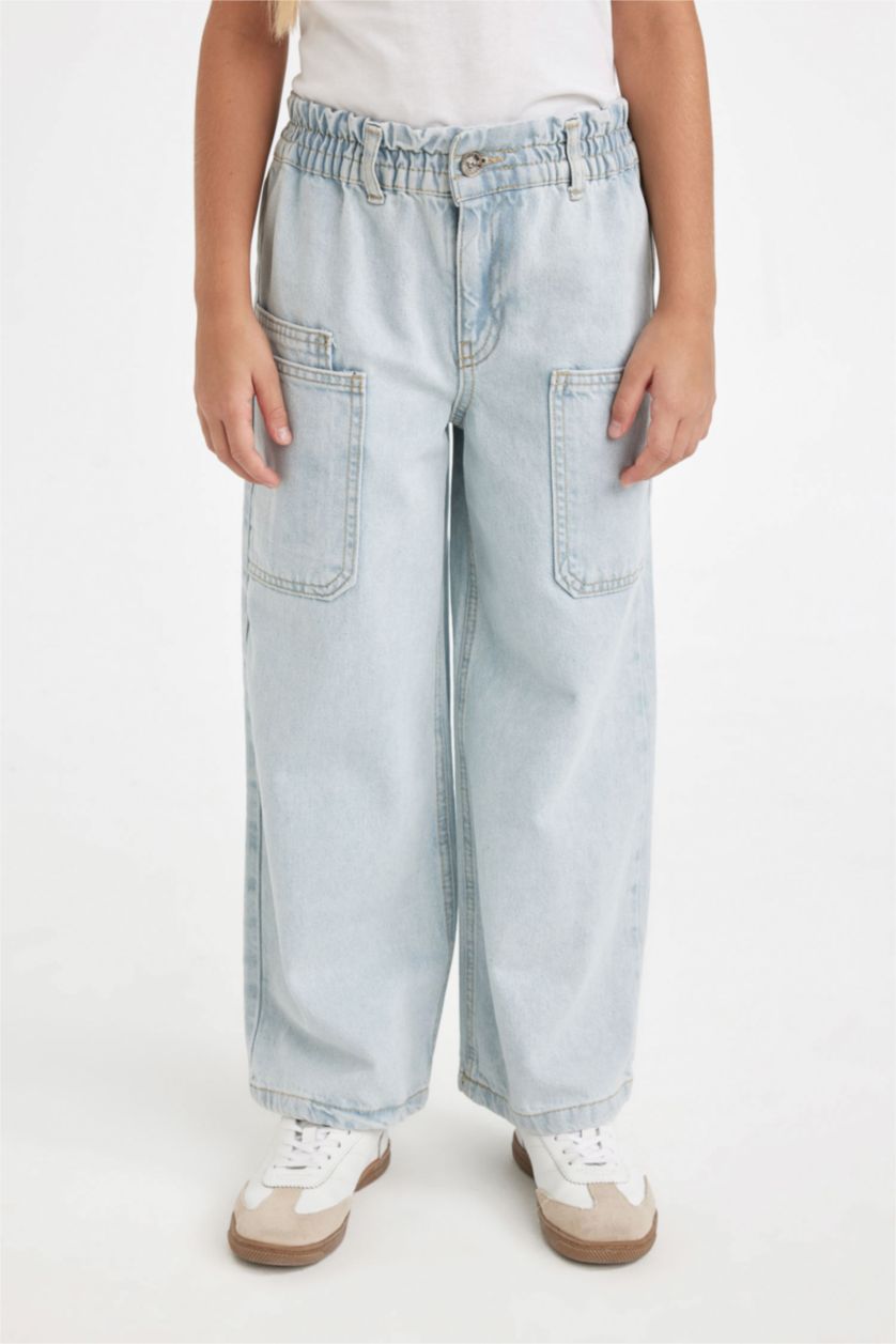 Kız Çocuk - Genç Kız Açık Mavi Kız Çocuk Okul Wide Leg Geniş Paça Beli Lastikli Cepli Jean Pantolon