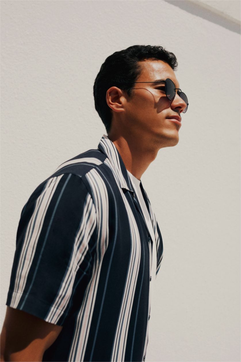 MAN NAVY Regular Fit Apache Neck Viscose Printed Short Sleeve Shirt