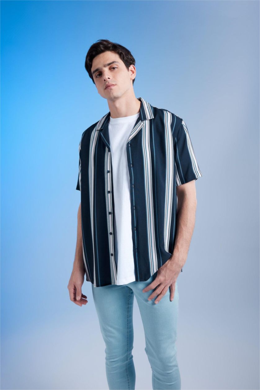 MAN NAVY Regular Fit Apache Neck Viscose Printed Short Sleeve Shirt