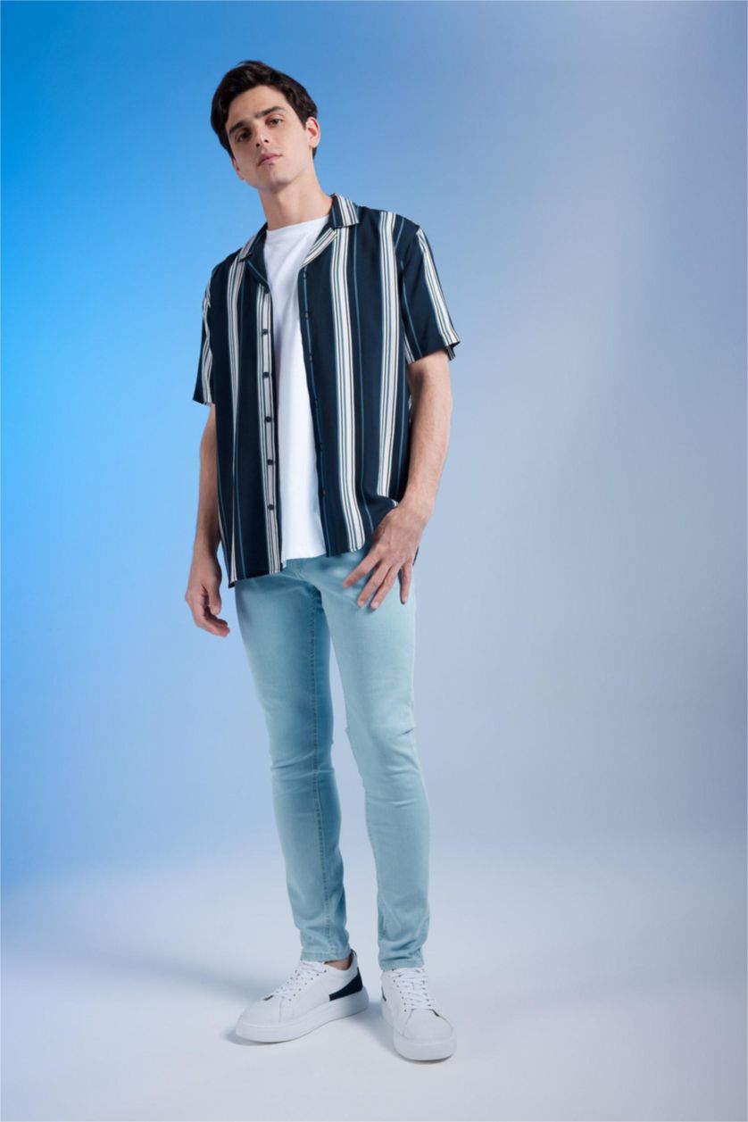 MAN NAVY Regular Fit Apache Neck Viscose Printed Short Sleeve Shirt