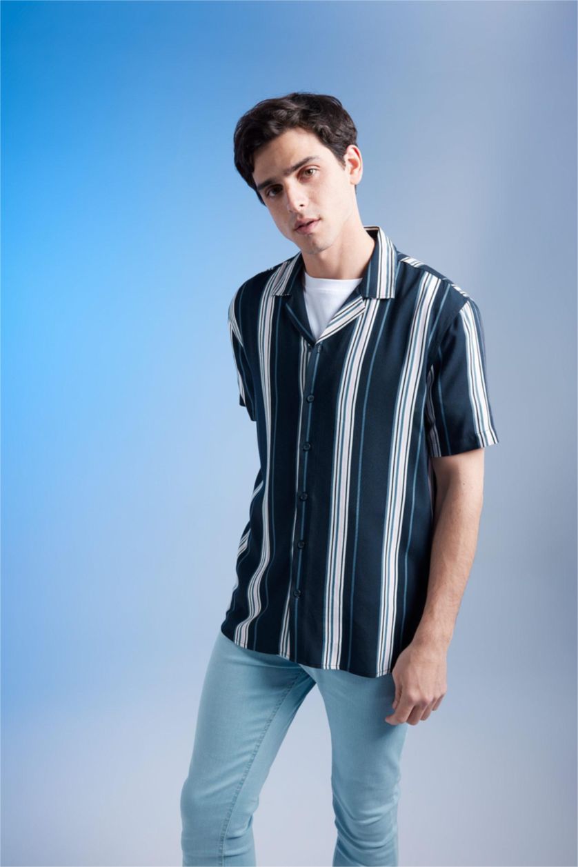 MAN NAVY Regular Fit Apache Neck Viscose Printed Short Sleeve Shirt